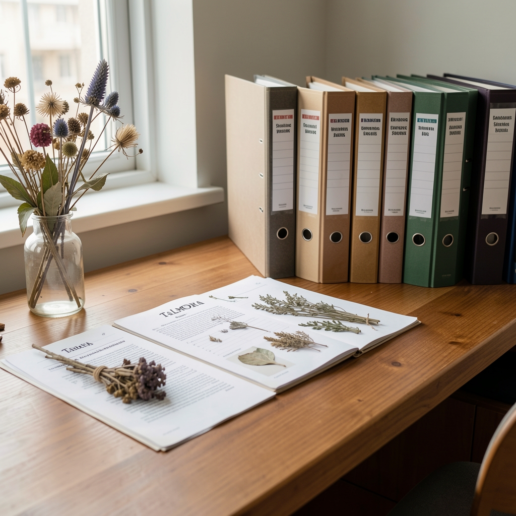Talmora workspace in Warsaw — wooden desk with sourcing documentation, dried botanical specimens and archive binders arranged in a tidy row