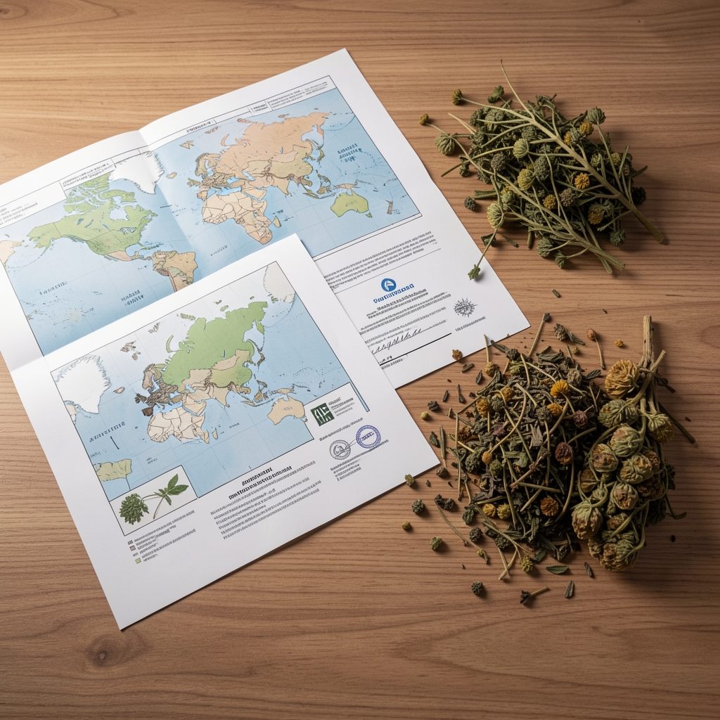 Botanical sourcing documentation spread across a table — origin maps, supplier certificates and dried plant material samples under studio lighting