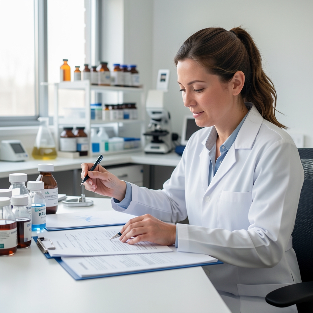 Nutrition specialist reviewing batch composition records at a desk in a clean professional workspace, controlled lighting