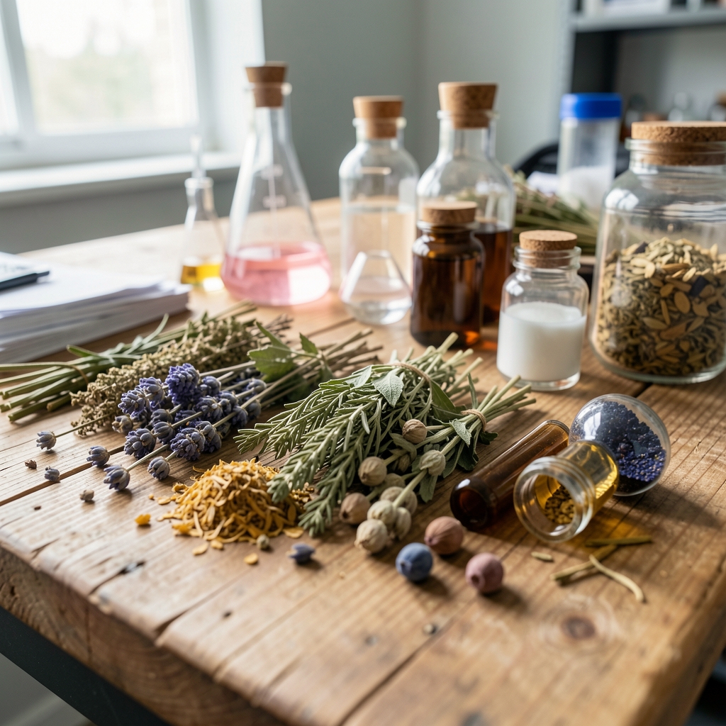 Close-up of dried botanical herbs and plant extracts arranged on a wooden worktable in a quality-control environment
