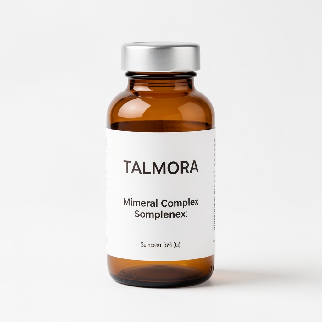 Single amber glass bottle of Talmora mineral complex supplement on a clean white surface under studio lighting