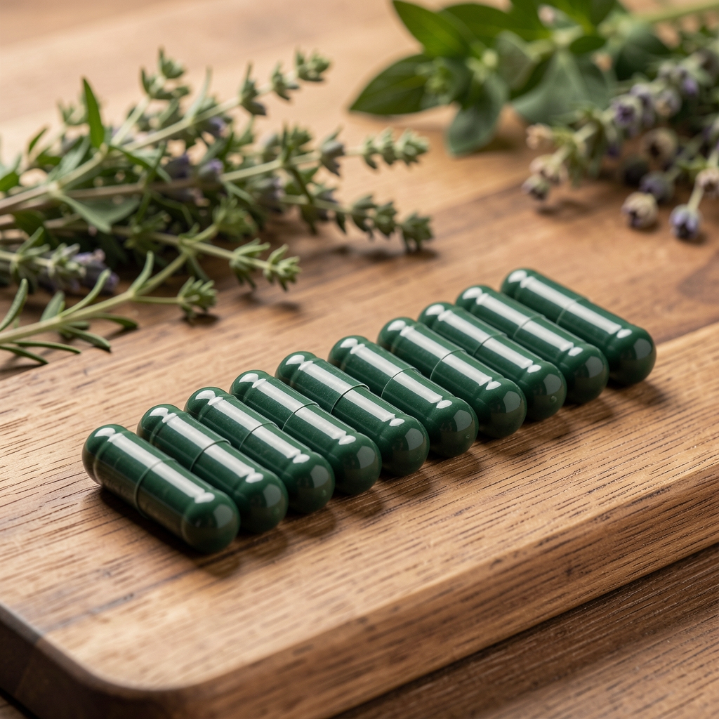 Dark green capsules arranged in a precise row on a wooden board, botanical herbs visible in the background