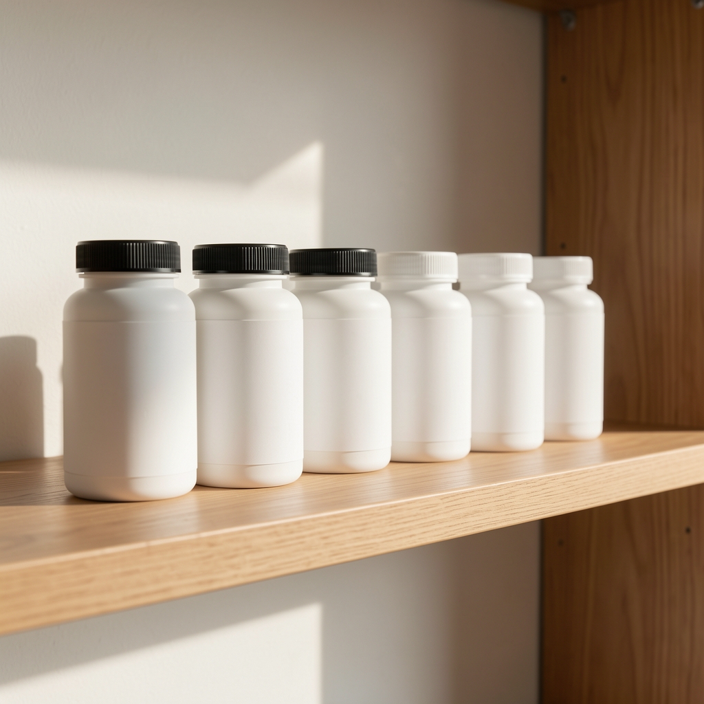 Three Talmora supplement bottles arranged in a row on a wooden shelf, morning light casting soft shadows, clean minimal composition